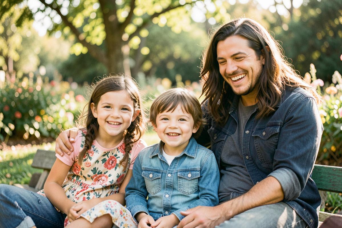 A parent and two young children smiling together outdoors