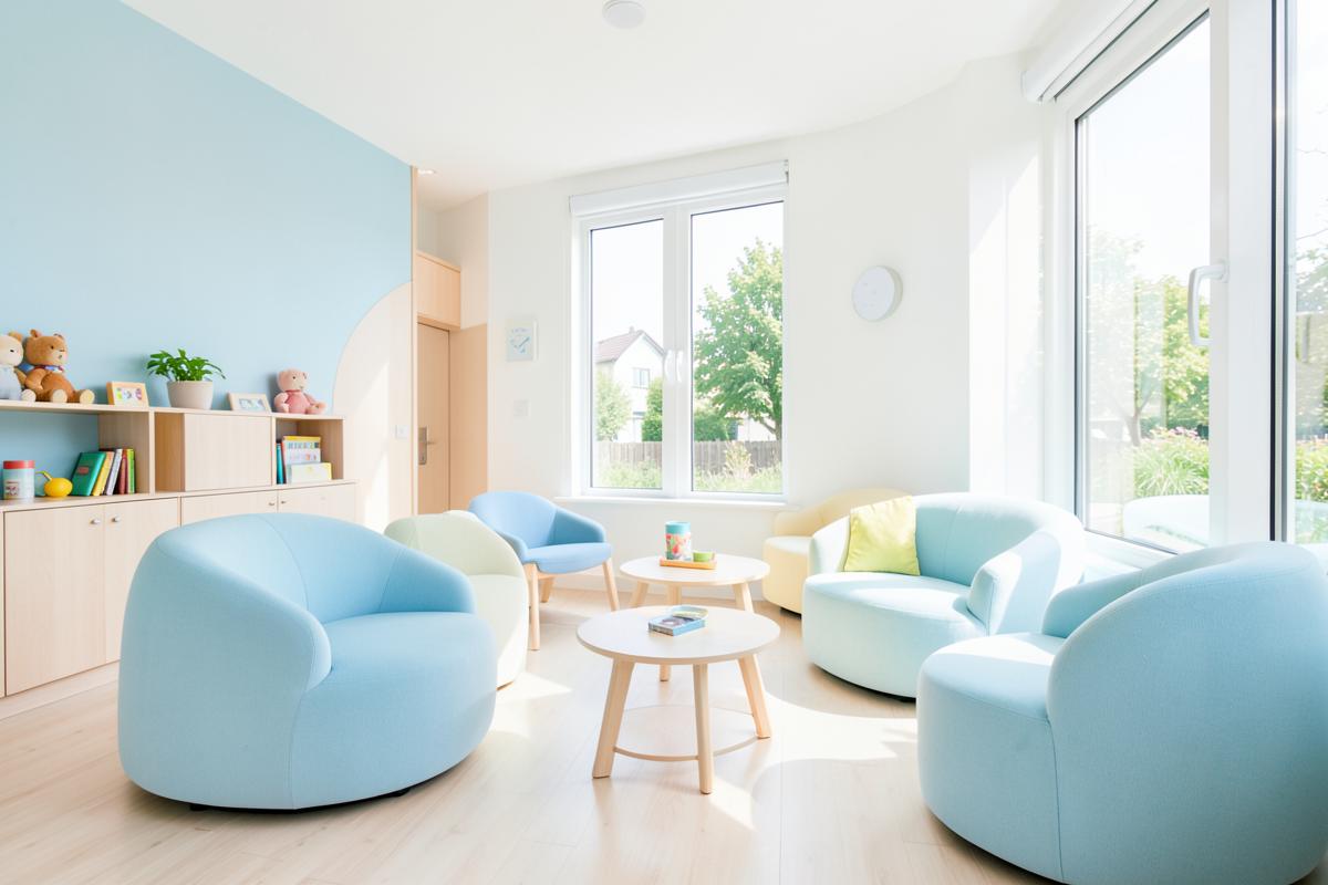 Bright children's waiting area with soft rounded seating